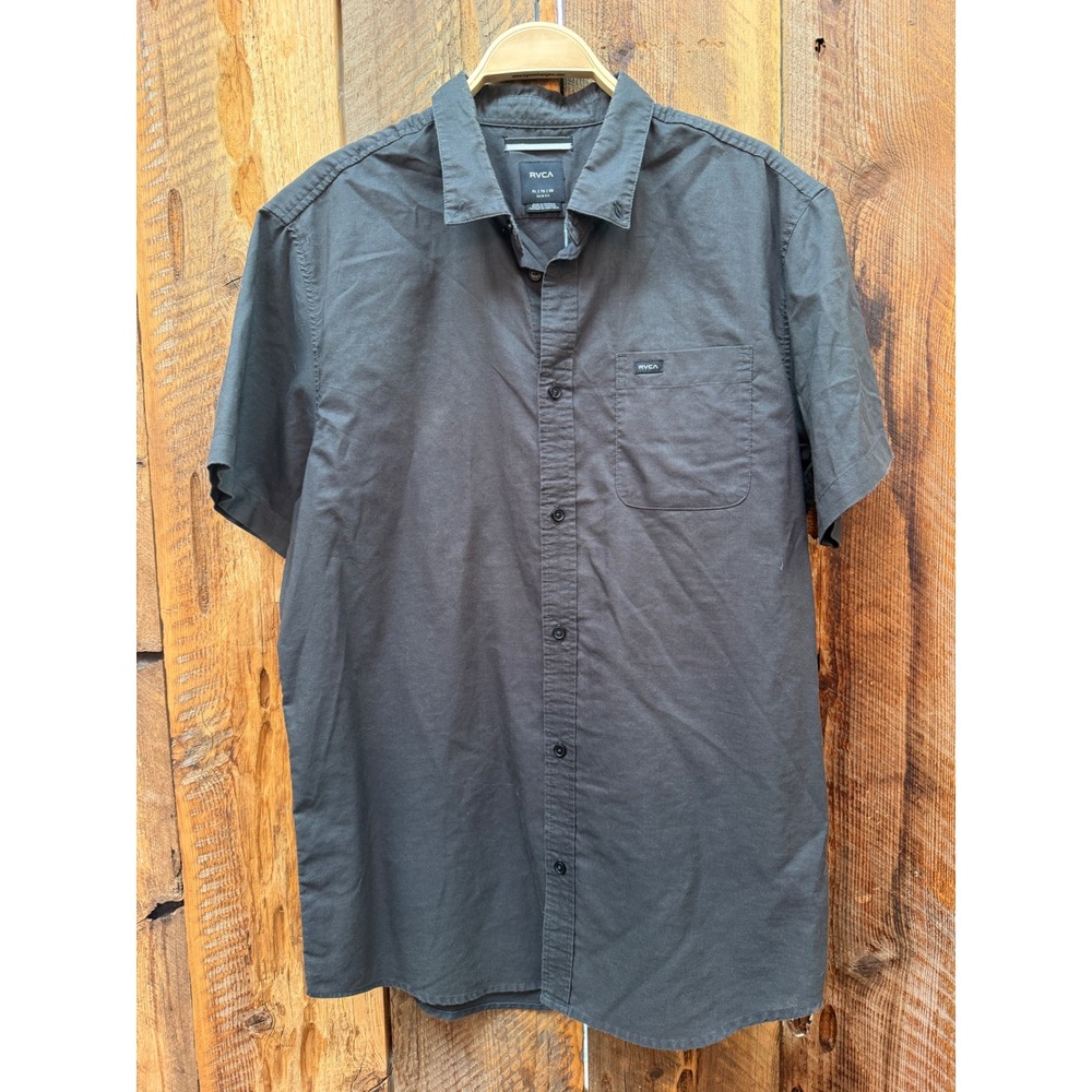 RVCA Mens XL Black Short Sleeve Button Up Shirt Slim Fit Skate Surf Streetwear